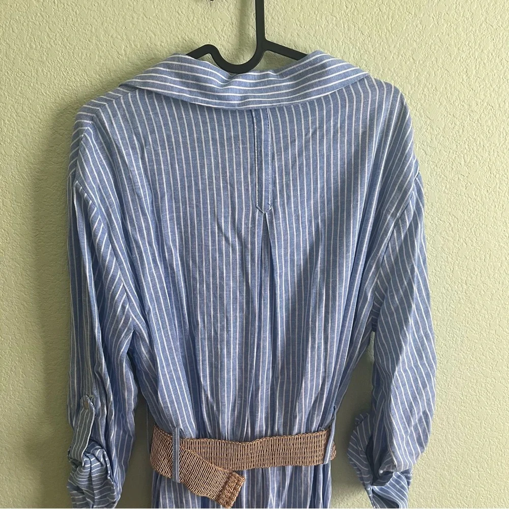 Zara Belted Linen Midi Shirt Dress V-Neck Tab Sleeve Striped Blue White Size XL
